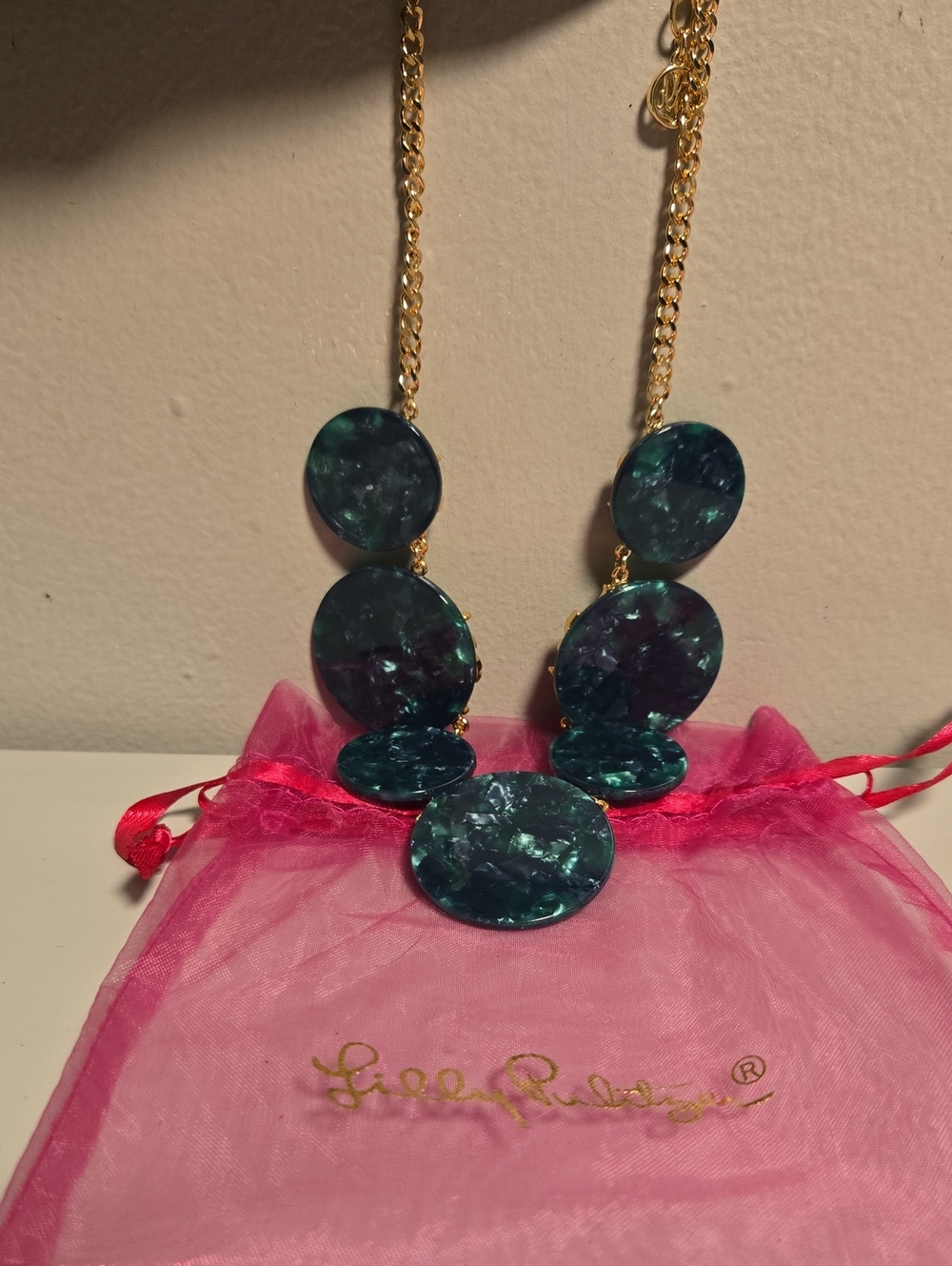 Lilly Pulitzer Teal Marbled Disc Necklace with Gold Chain